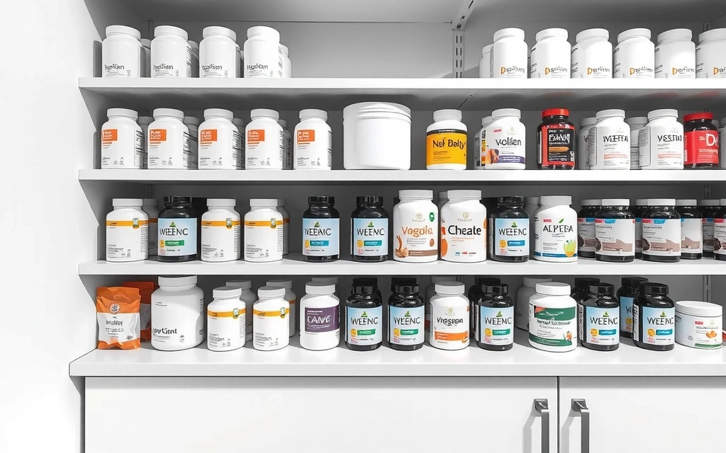 Vari integratori alimentari su un ripiano