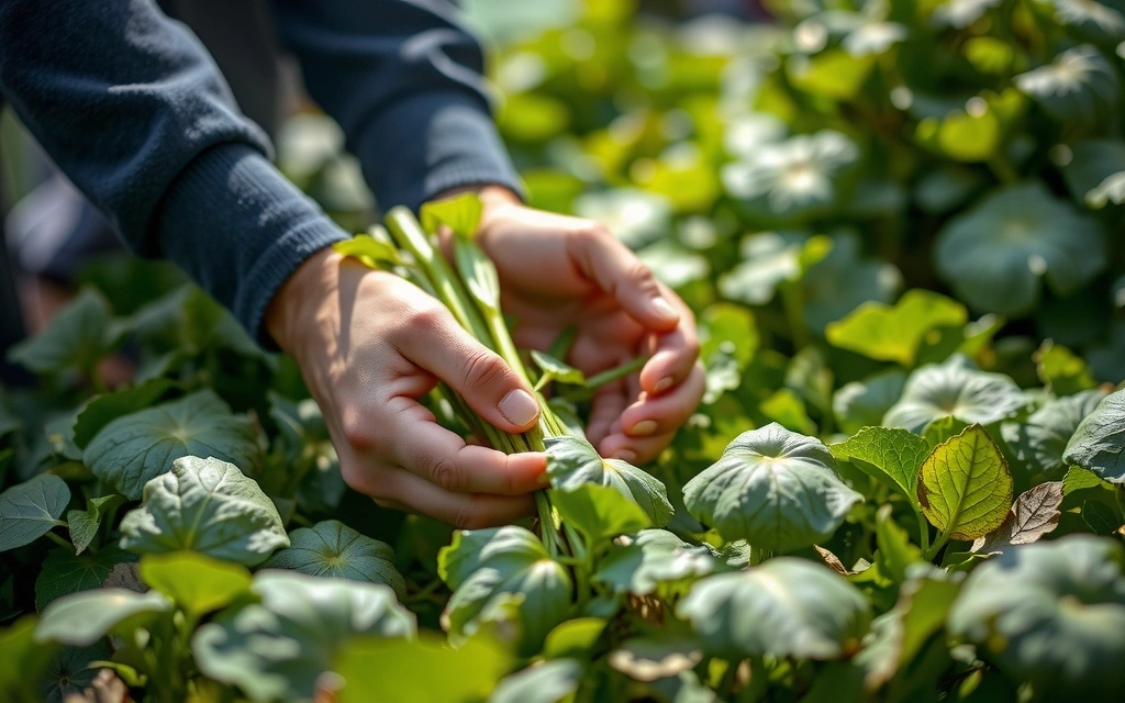 Mani che raccolgono erbe fresche da un campo biologico.