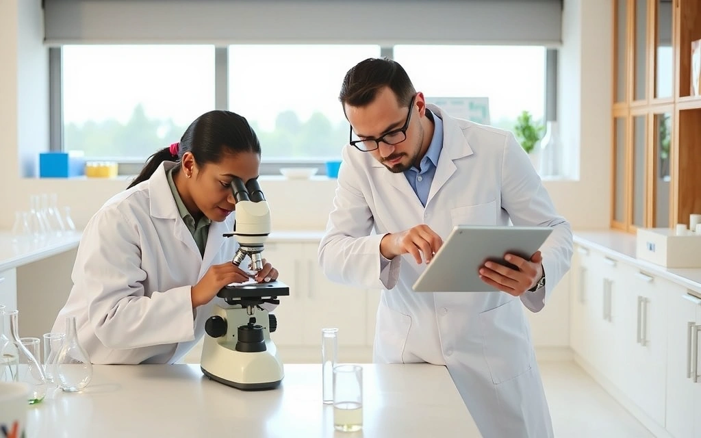 Moderno laboratorio con ricercatori che esaminano campioni di piante.