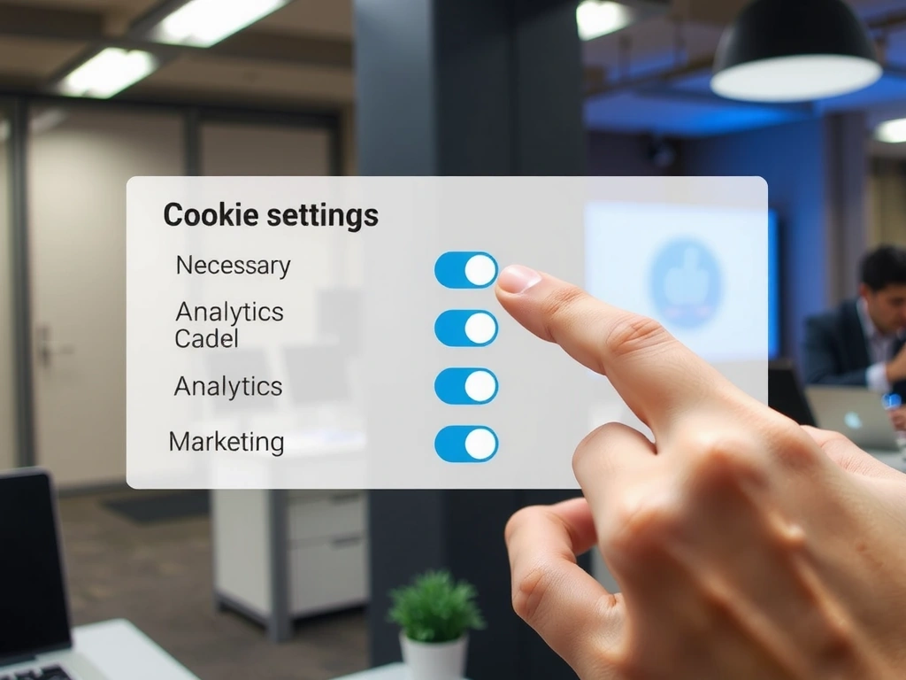 Mani che interagiscono con un'interfaccia utente digitale per le impostazioni dei cookie