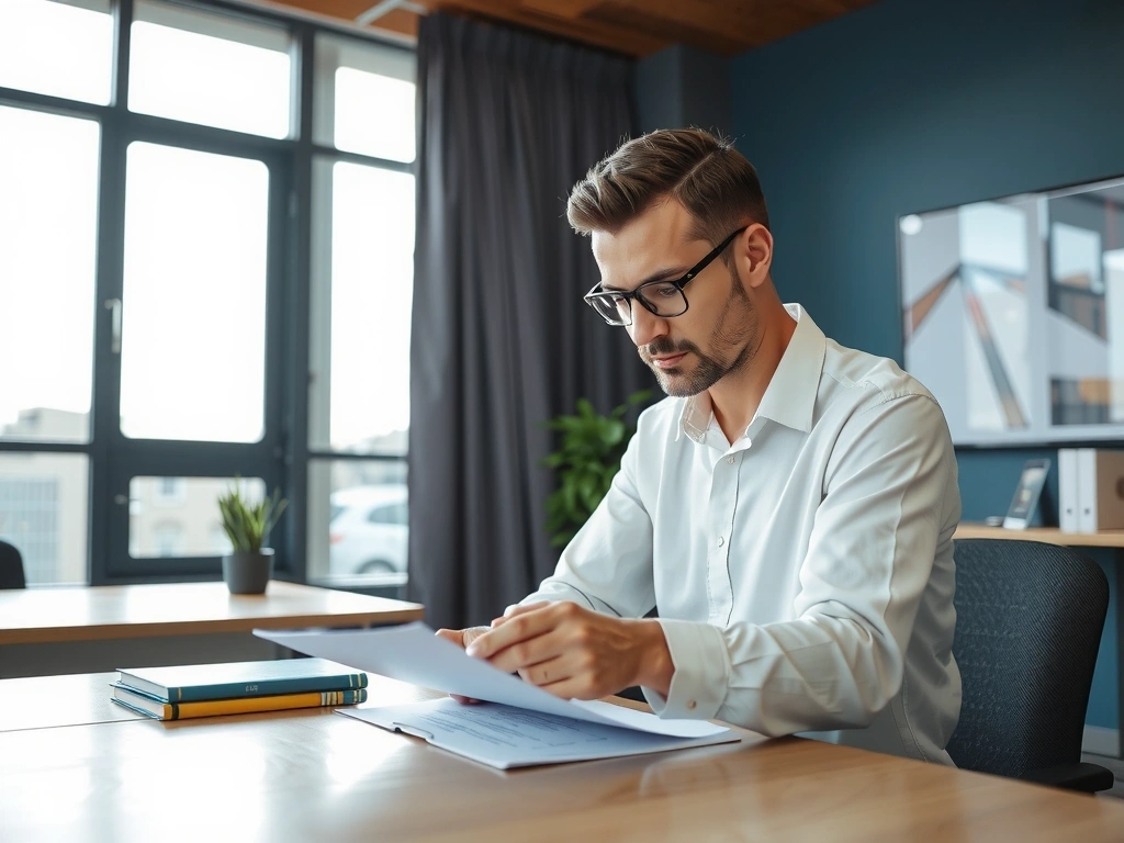 Uomo che legge un documento legale con attenzione, in un ufficio moderno e ben illuminato.